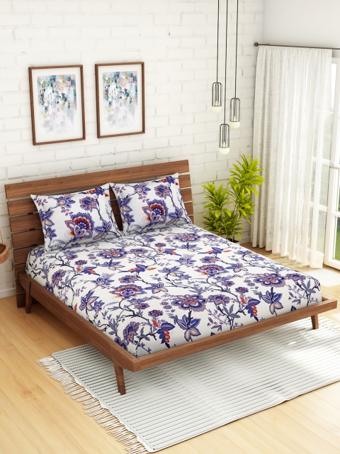 

WELHOME White & Purple Floral 200 TC 1 Microfibre Queen Bedsheet with 2 Pillow Covers