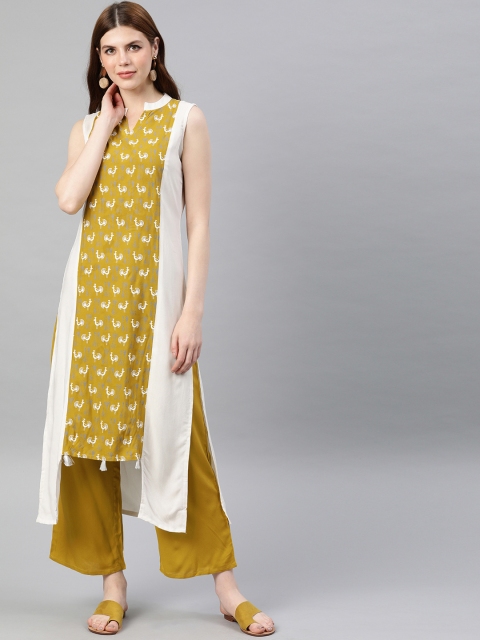 

ZIYAA Women Off-White & Green Printed Straight Kurta