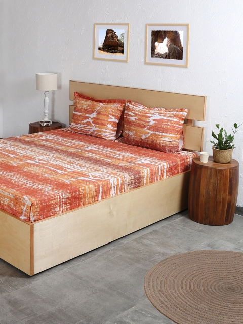 

House This Orange & Brown Abstract 180 TC Cotton 1 King Bedsheet with 2 Pillow Covers