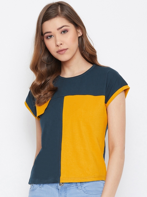 

The Dry State Women Mustard Yellow & Teal Blue Slim Fit Colourblocked Round Neck T-shirt