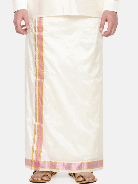 

RAMRAJ COTTON Men Cream-Coloured & Pink Solid Pure Silk Dhoti