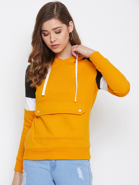 

The Dry State Women Mustard Yellow & Black Colourblocked Hooded Sweatshirt