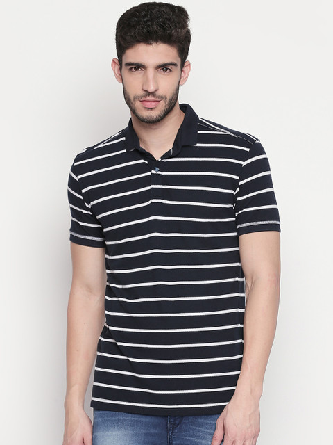 

Mufti Men Navy Blue & White Striped Polo Collar T-shirt