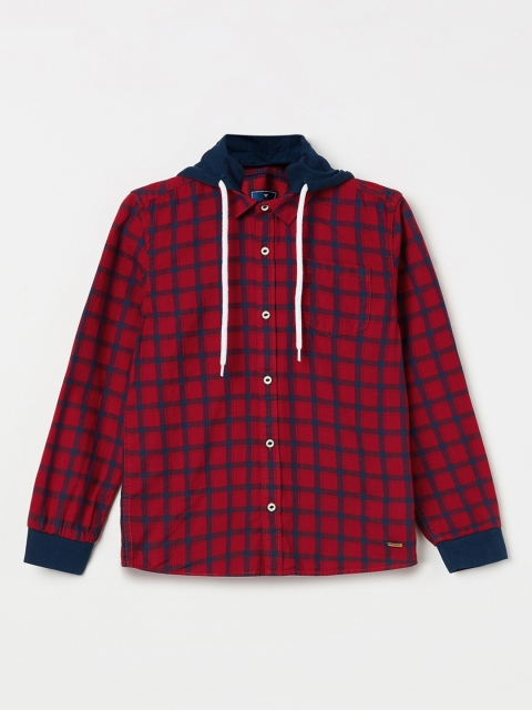 

Fame Forever by Lifestyle Boys Red & Navy Blue Slim Fit Checked Casual Hooded Shirt