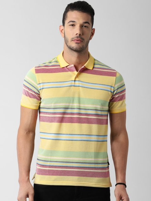 

Peter England Casuals Men Yellow & Pink Striped Polo Collar T-shirt
