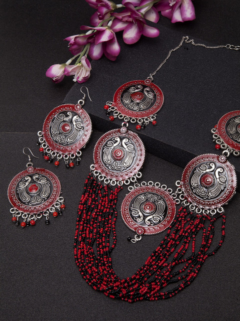 

Moedbuille Silver-Toned & Red Enamelled Handcrafted Jewellery Set