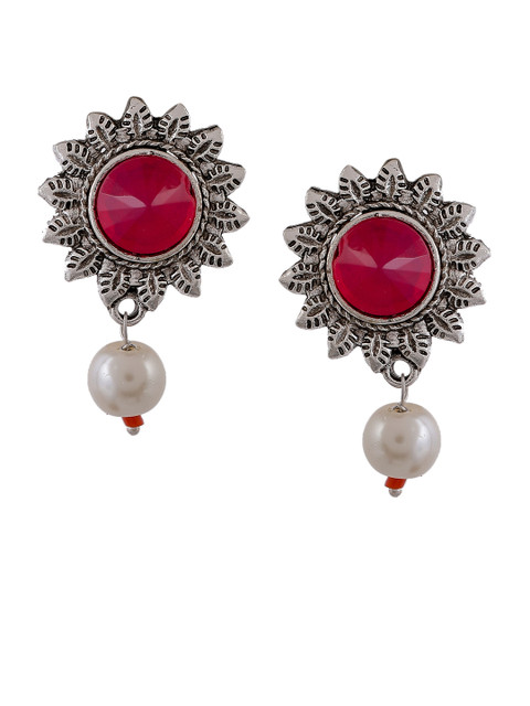 

Silvermerc Designs Silver-Plated Red Handcrafted Floral Drop Earrings