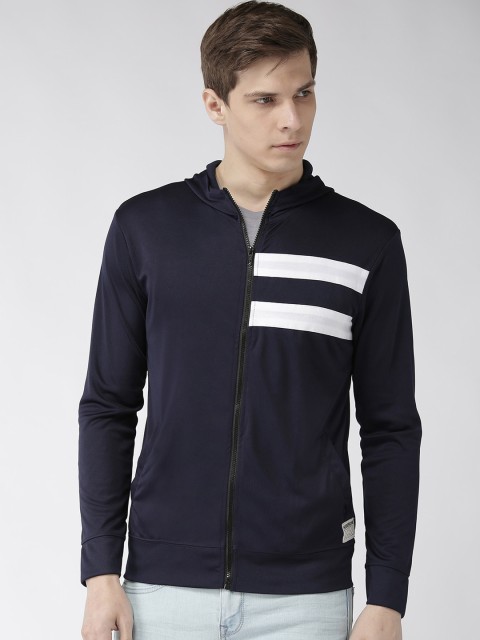 

Hubberholme Men Navy Blue & White Colourblocked Hooded Sweatshirt
