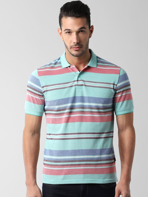 

Peter England Casuals Men Turquoise Blue & Pink Striped Polo Collar T-shirt