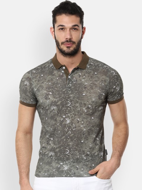 

V Dot Men Olive Green Slim Fit Printed Polo Collar T-shirt