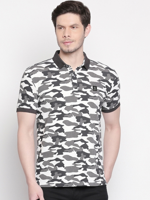Mufti Men White & Grey Camouflage Printed Polo Collar T-shirt