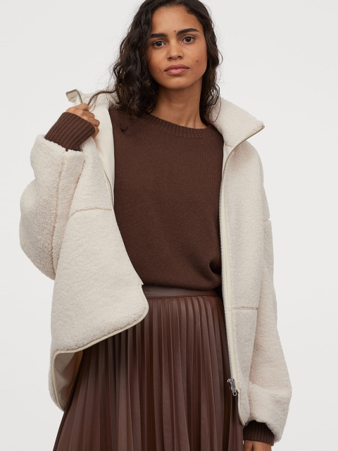 

H&M Women Cream-Coloured High-Collared Pile Jacket