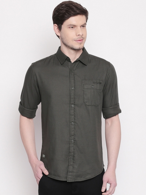 

Mufti Men Olive Green Slim Fit Solid Casual Shirt