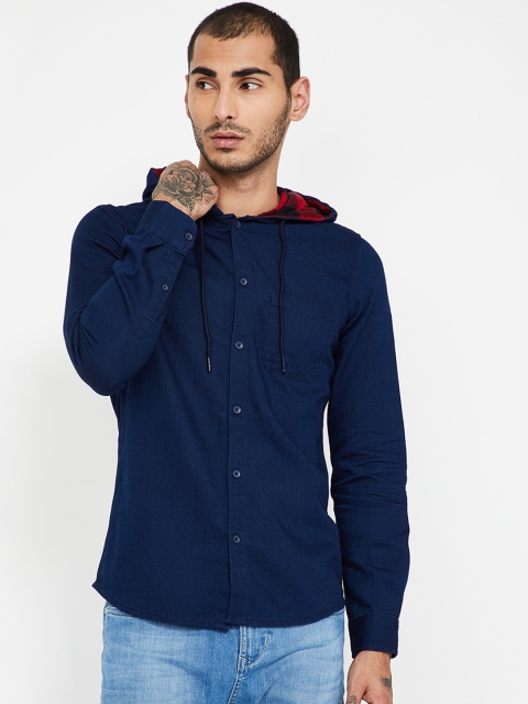 

Fame Forever by Lifestyle Men Navy Blue Slim Fit Solid Casual Shirt With a Hood