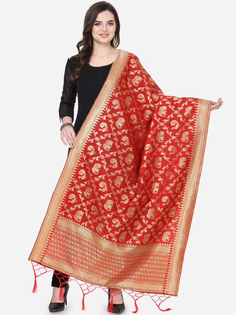 

Satrani Red & Gold-Toned Woven Design Banarasi Dupatta