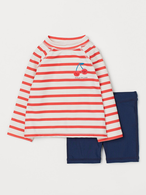

H&M Boys Off-White & Navy Blue Striped Swim Set With UPF 50