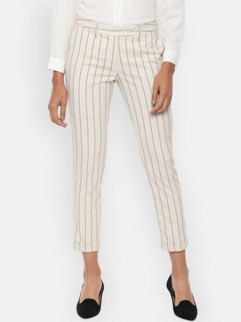 Van Heusen Woman Beige & Blue Regular Fit Striped Cropped Cigarette Trousers