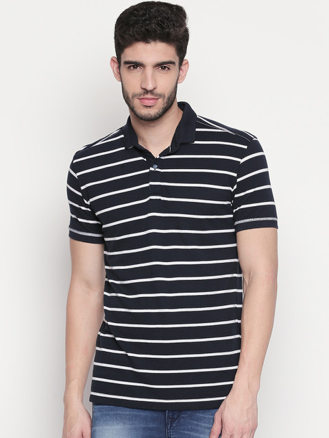 

Mufti Men Navy Blue Striped Polo Collar Slim Fit T-shirt