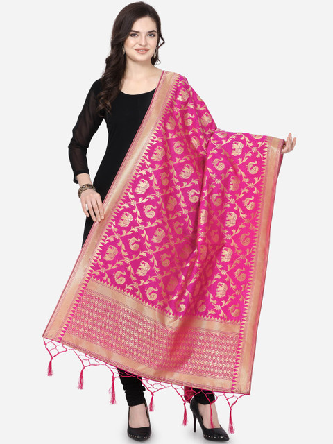 

Satrani Pink & Gold-Toned Woven Design Banarasi Dupatta