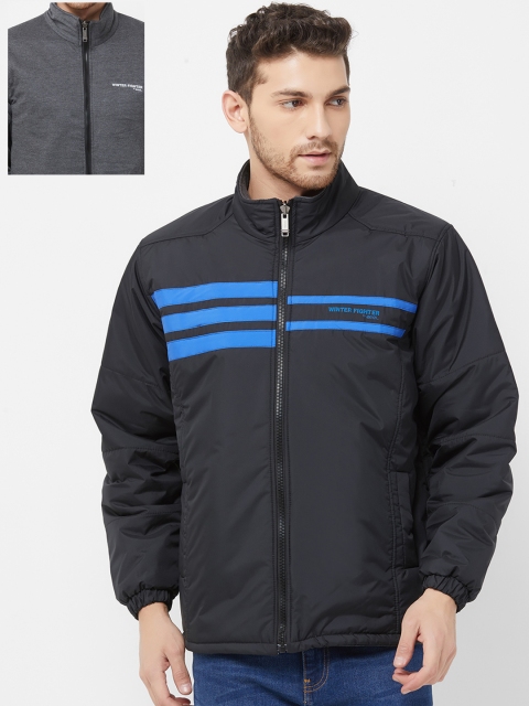 

Zeel Men Black & Grey Striped Reversible Padded Jacket