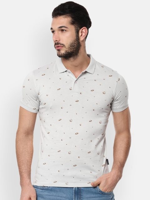 V Dot Men Grey Printed Slim Fit Polo Collar T-shirt