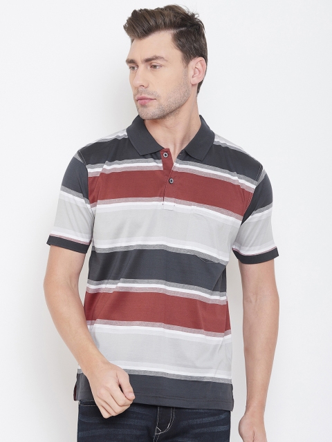 

Duke Men Grey Striped Polo Collar T-shirt