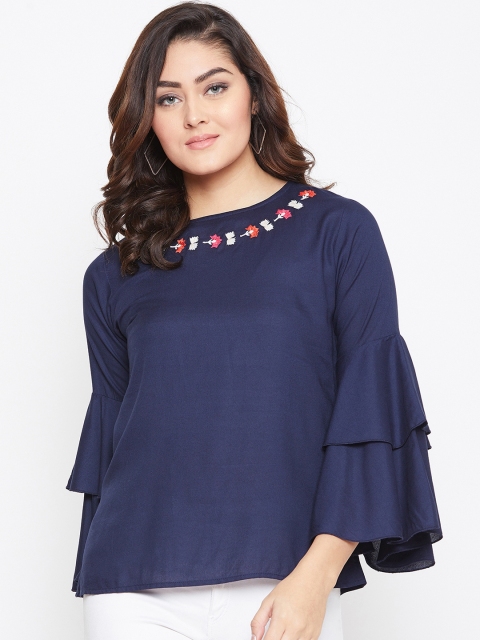 

The Dry State Women Navy Blue Embroidered Neck Bell Sleeve Top