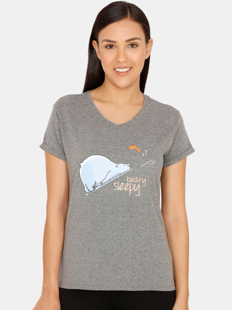 

Zivame Women Grey Printed Round Neck Pure Cotton T-shirt