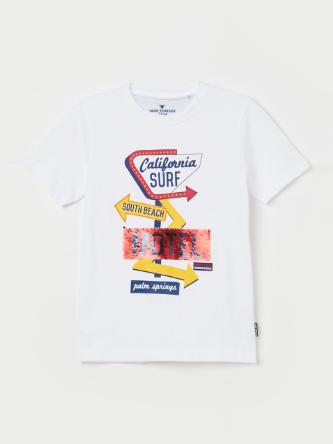 

Fame Forever by Lifestyle Boys White & Pink Printed Round Neck T-shirt