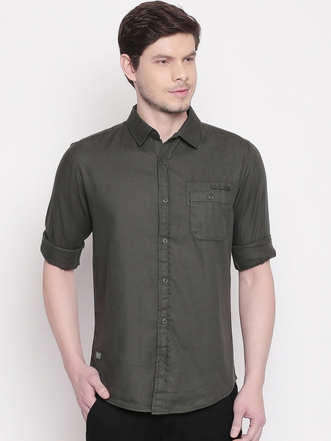 

Mufti Men Olive Green Slim Fit Solid Casual Shirt