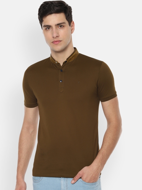 

V Dot Men Olive Brown Solid Slim Fit Mandarin Collar Pure Cotton T-shirt