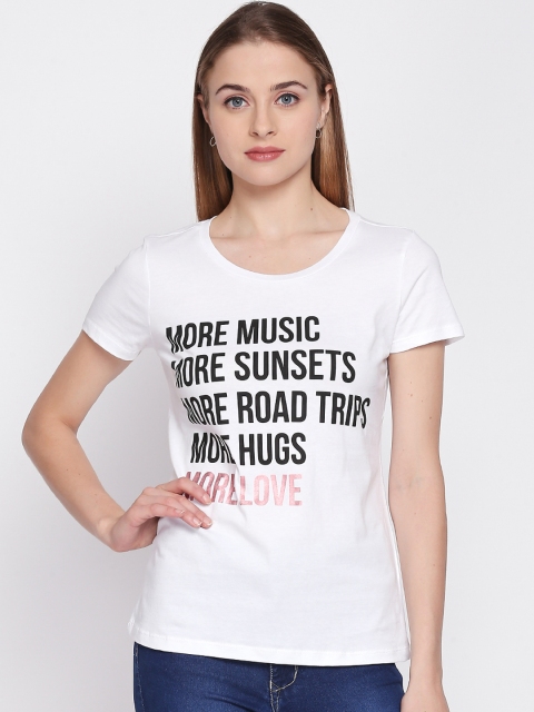 

Honey by Pantaloons Women White Printed Round Neck Pure Cotton T-shirt