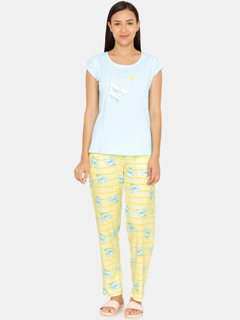 

Zivame Women Yellow & Blue Printed Night suit