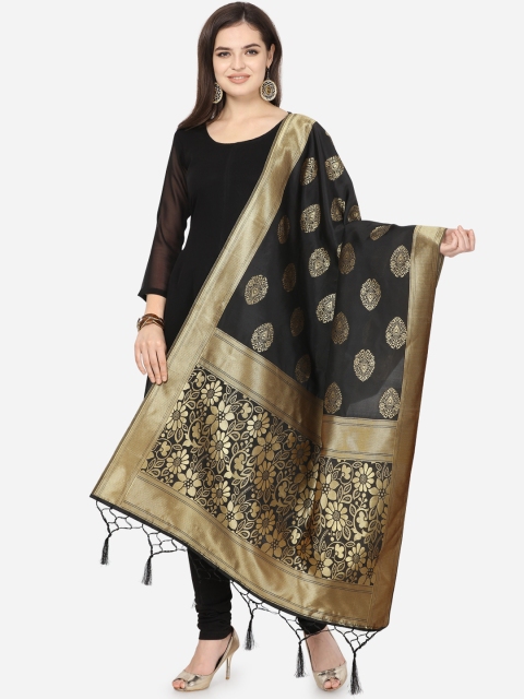 

Satrani Black & Gold-Toned Woven Design Banarasi Dupatta