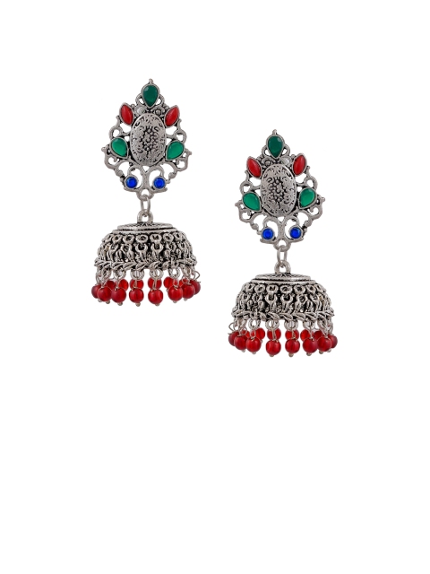 

Silvermerc Designs Silver-Plated & Red Dome Shaped Temple Jhumkas