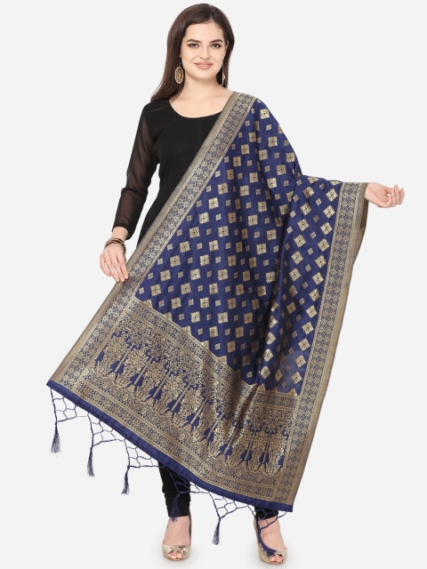 

Satrani Navy Blue & Gold-Toned Woven Design Dupatta