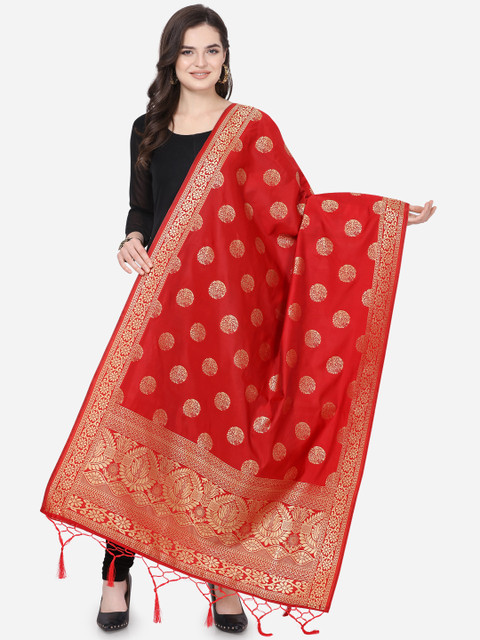 

Satrani Red & Gold-Toned Woven Design Banarasi Dupatta