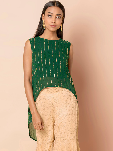 

INDYA Women Green Embellished Longline High-Low Top