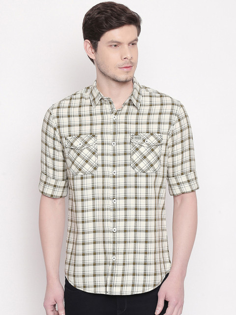 

Mufti Men Beige & Green Slim Fit Checked Casual Shirt