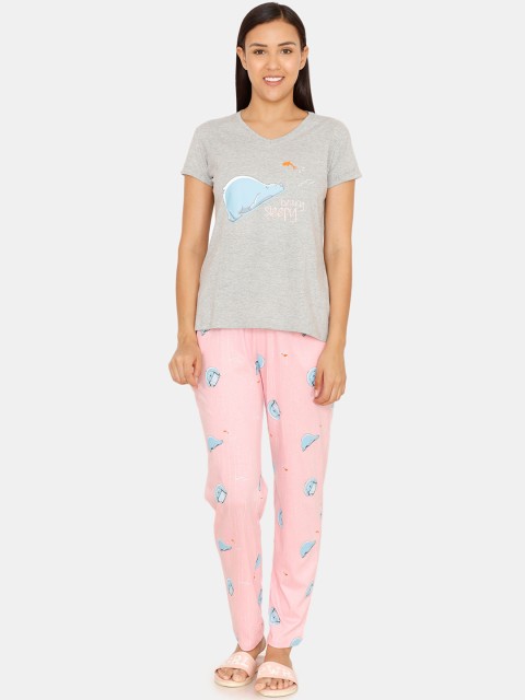 

Zivame Women Pink & Grey Printed Night Suit