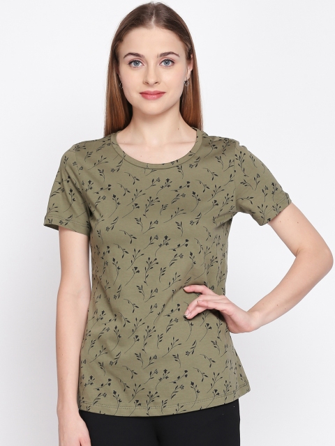 

Honey by Pantaloons Women Olive Green Black Printed Round Neck Pure Cotton T-shirt