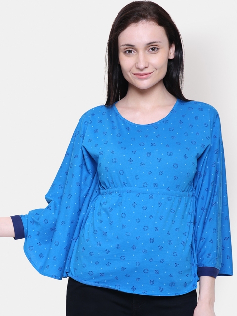 

Yaadleen Women Blue & Black Printed A-Line Pure Cotton Top