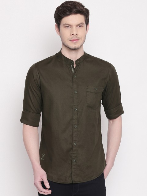 

Mufti Men Olive Green Slim Fit Solid Casual Shirt