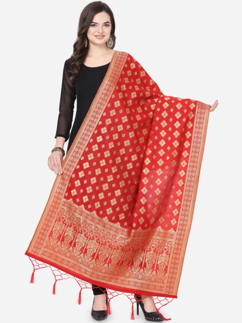 

Satrani Red & Gold-Toned Woven Design Banarasi Dupatta