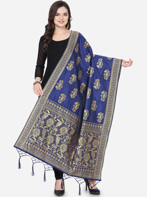 

Satrani Navy Blue & Gold-Toned Woven Design Banarasi Dupatta