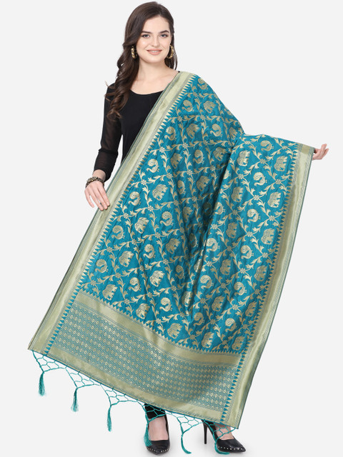

Satrani Turquoise Blue & Gold-Toned Woven Design Banarasi Dupatta