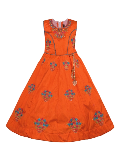

Wish Karo Girls Orange & Blue Embroidered Maxi Dress