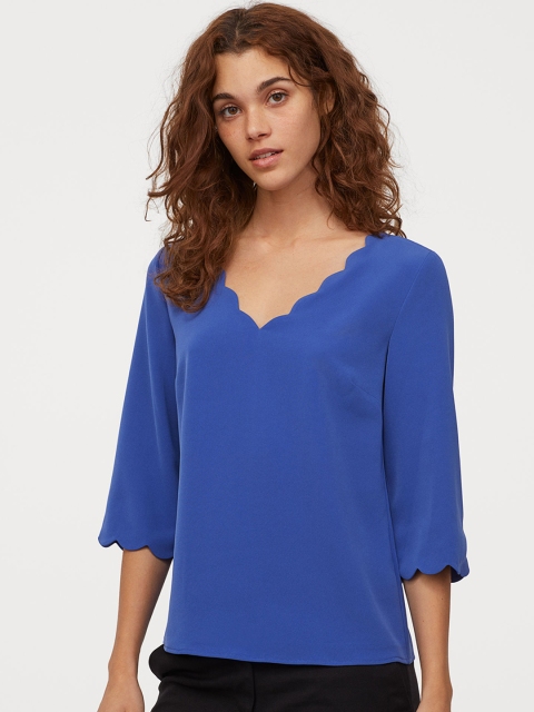 

H&M Women Blue Solid Scallop-Trimmed Blouse