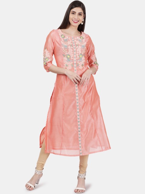 

Alena Women Peach-Coloured Embroidered Straight Kurta