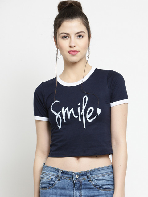 

Everlush Women Navy Blue Printed Crop Top